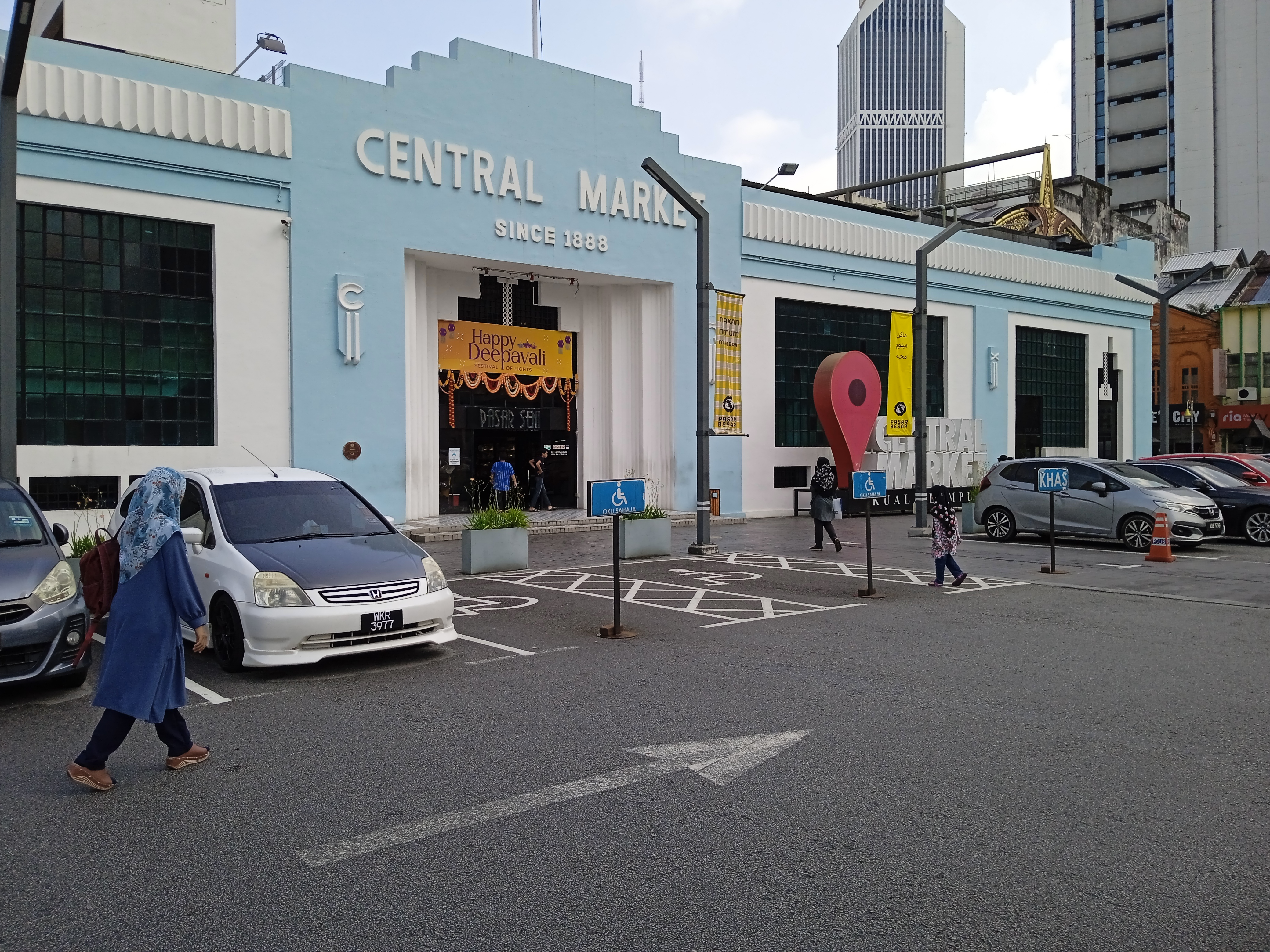The pastel-blue Art Deco facade of Central Market, Kuala Lumpur, since 1888