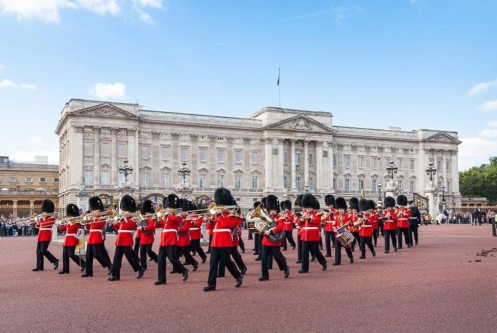 The Changing of the Guard marching band outside Buckingham Palace