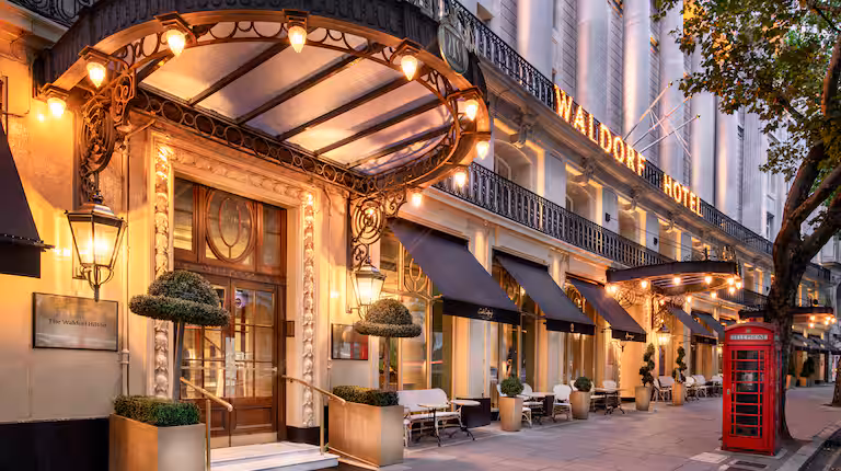 Waldorf Hilton hotel entrance at dusk, Covent Garden