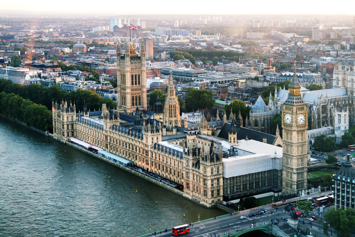 Aerial view of the Palace of Westminster and the Elizabeth Tower, Big Ben
