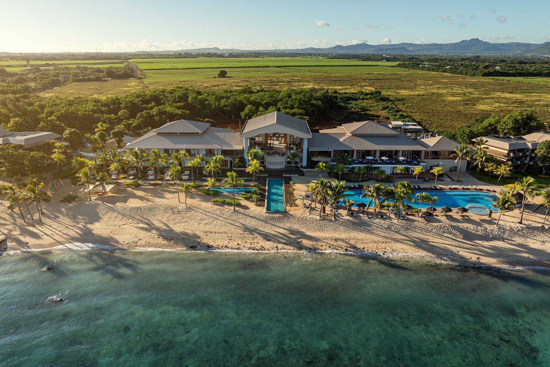Le Meridien Ile Maurice aerial view of pools and beach
