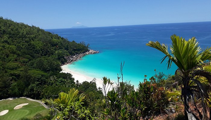Aerial view of Anse Georgette beach and lagoon, Praslin