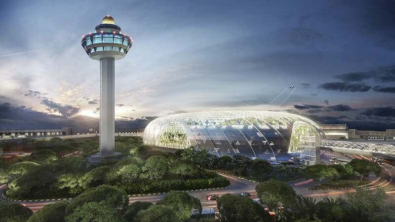 Jewel Changi Airport's dome and the control tower at dusk